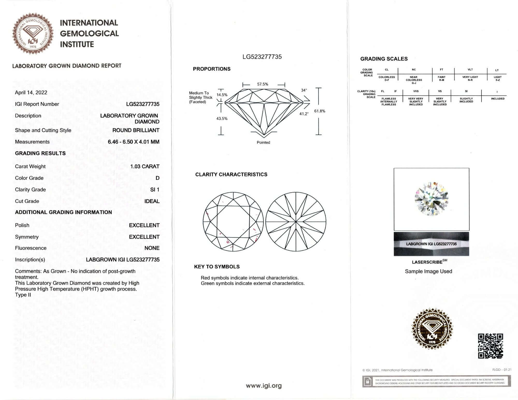 1.03ct LAB CREATED DIAMOND CERTIFIED D SI1 EXCELLENT ROUND CUT COLORLESS 1 CARAT