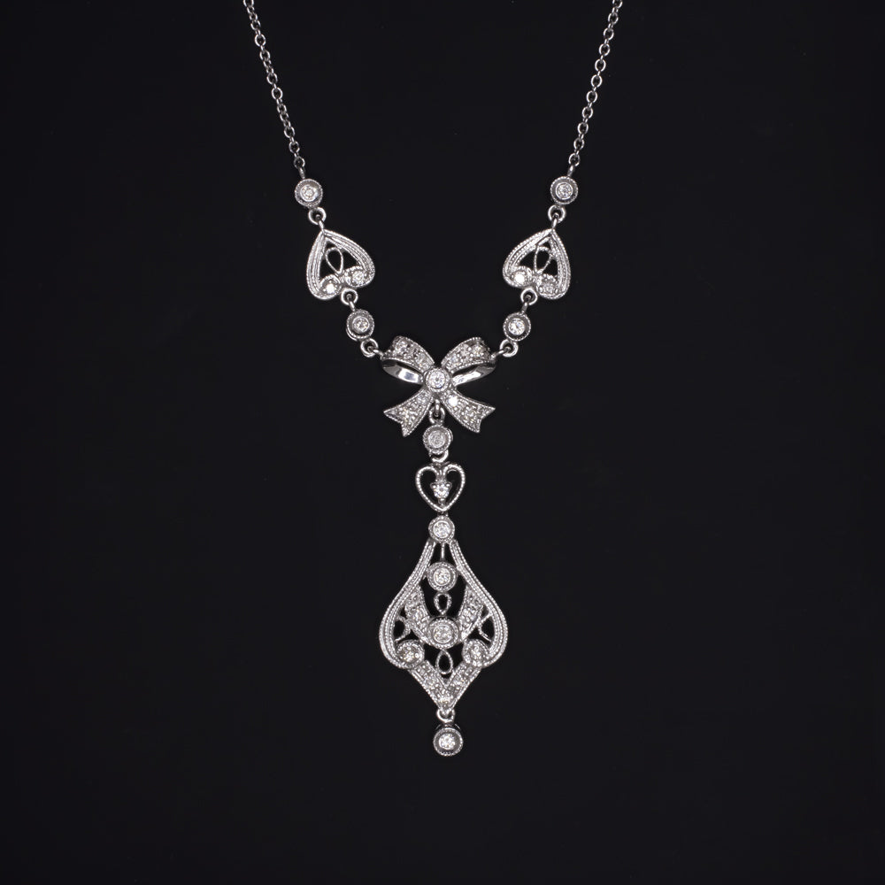 VINTAGE DIAMOND PENDANT BOW RIBBON NECKLACE 18K WHITE GOLD FILIGREE HEART DROP