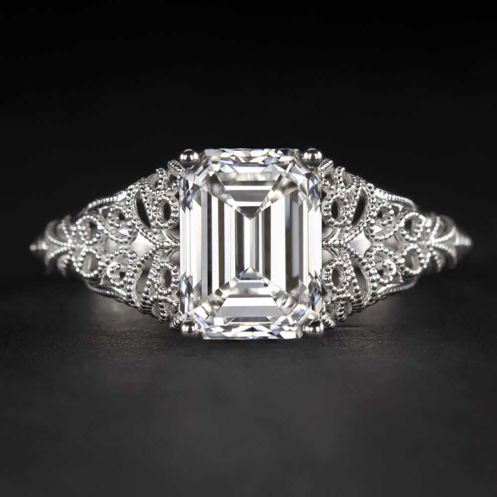 1.91ct GIA CERTIFIED H VVS1 EMERALD CUT DIAMOND ENGAGEMENT RING VINTAGE STYLE