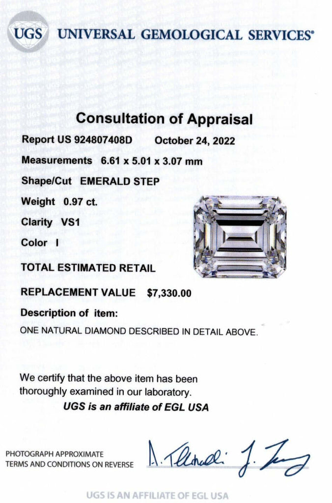 0.97ct CERTIFIED I VS1 EMERALD SHAPE CUT DIAMOND LOOSE STEP CUT NATURAL 1 CARAT