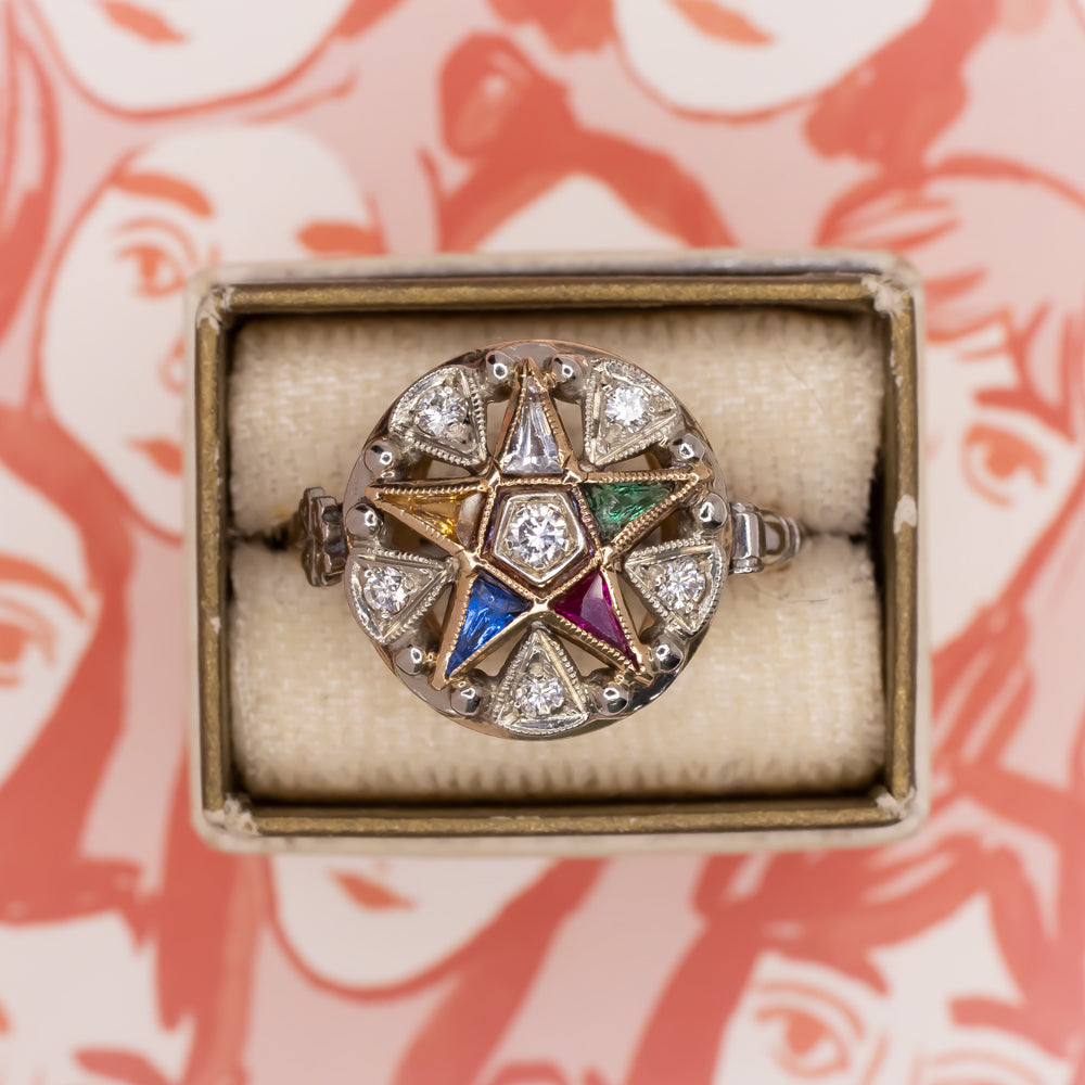 VINTAGE DIAMOND GEMSTONE EASTERN STAR RING TWO TONE WHITE YELLOW GOLD ESTATE