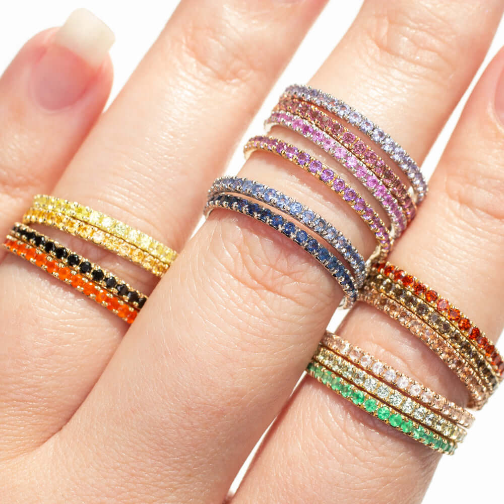 14K GOLD MANDARIN YELLOW GARNET STACKABLE RING FULL ETERNITY BAND WEDDING THIN