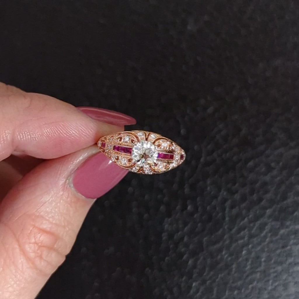 OLD EUROPEAN CUT DIAMOND RUBY VINTAGE STYLE ENGAGEMENT RING ROSE GOLD FILIGREE