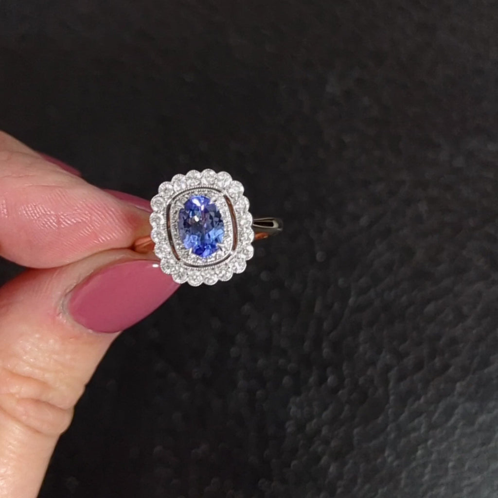 1ct BLUE TANZANITE DIAMOND COCKTAIL RING VINTAGE STYLE DOUBLE HALO 14k ROSE GOLD