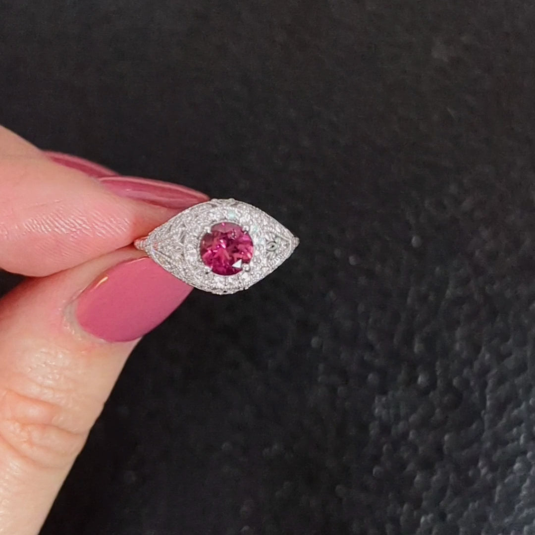 PINK TOURMALINE DIAMOND VINTAGE STYLE COCKTAIL RING HALO FILIGREE 14k WHITE GOLD