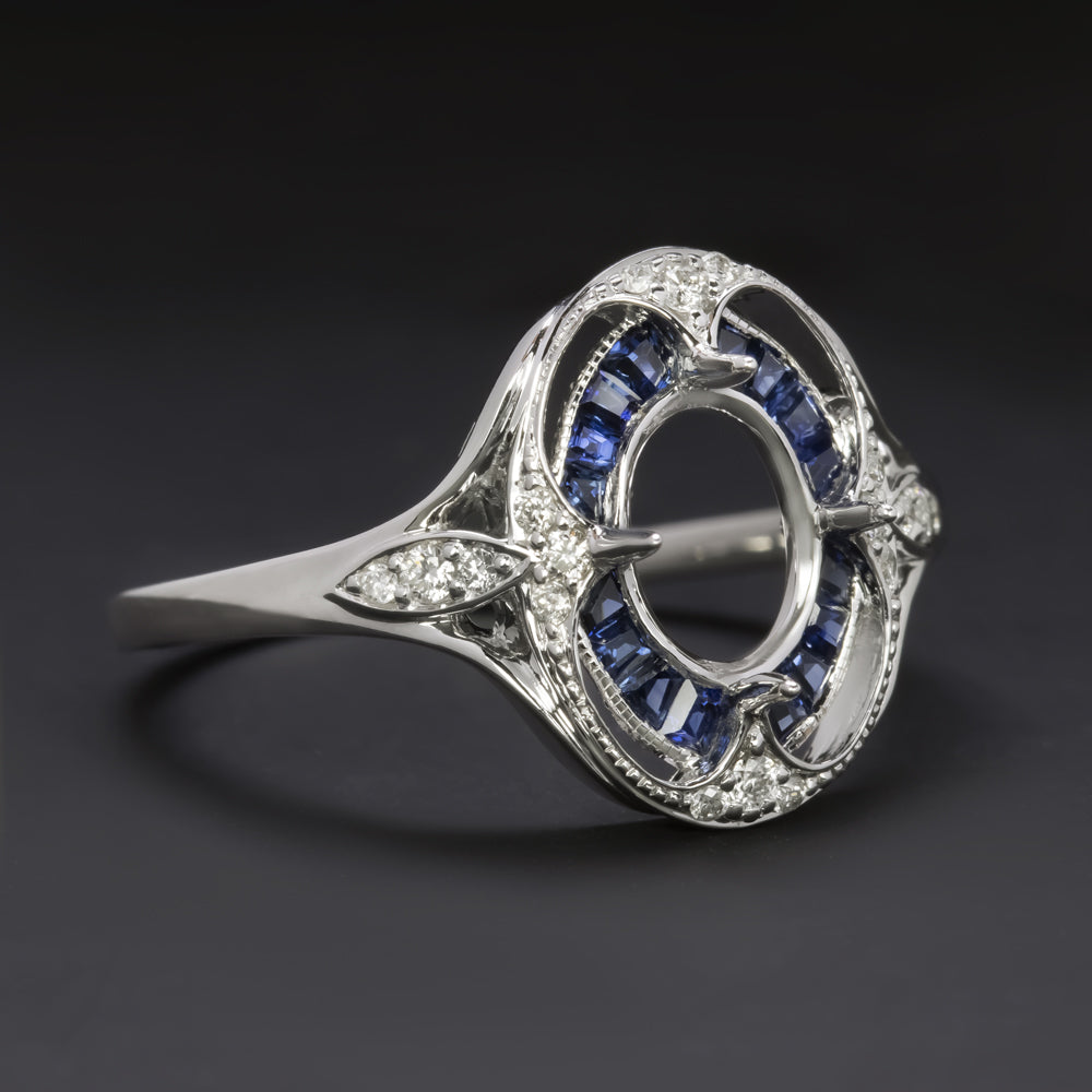 SAPPHIRE DIAMOND OVAL ENGAGEMENT RING SETTING VINTAGE STYLE HALO TARGET ...