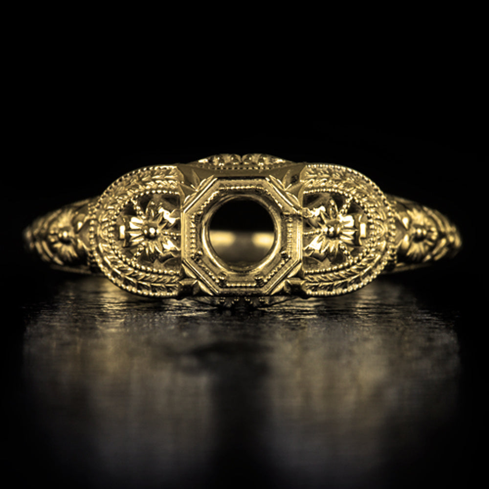 VINTAGE STYLE RING SETTING 14k YELLOW GOLD ART DECO FLORAL