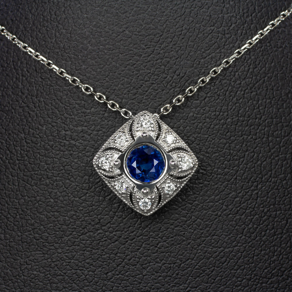VINTAGE STYLE SAPPHIRE DIAMOND PENDANT HALO 18 INCH NECKLACE ROUND ART DECO BLUE