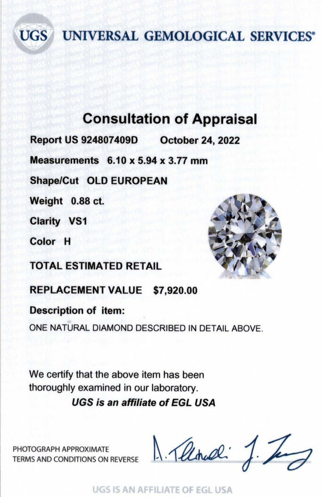 0.88ct CERTIFIED H VS1 OLD EUROPEAN CUT DIAMOND VINTAGE NATURAL LOOSE ESTATE