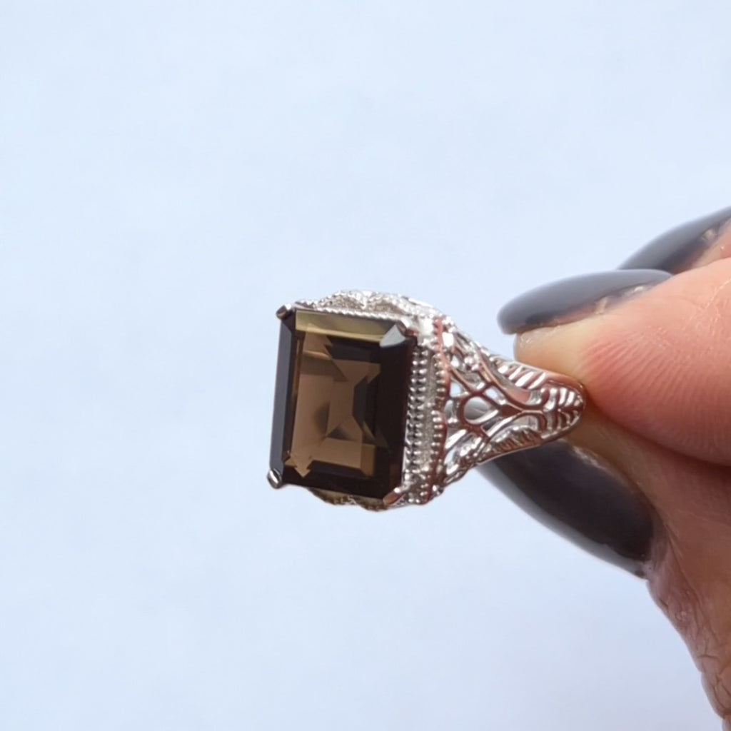 SMOKY QUARTZ STERLING SILVER VINTAGE STYLE RING ART DECO EMERALD CUT SOLITAIRE