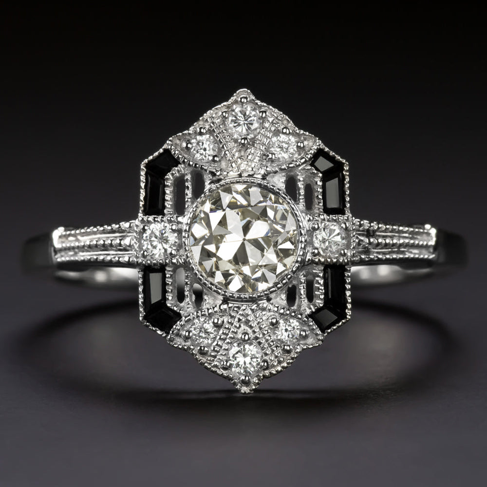 DIAMOND BLACK ONYX RING OLD EUROPEAN CUT ART DECO VINTAGE STYLE