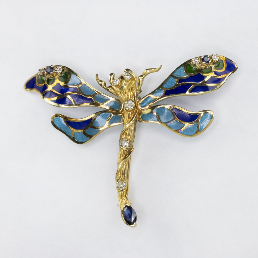 VINTAGE DIAMOND SAPPHIRE ENAMEL DRAGONFLY PIN 14k YELLOW GOLD