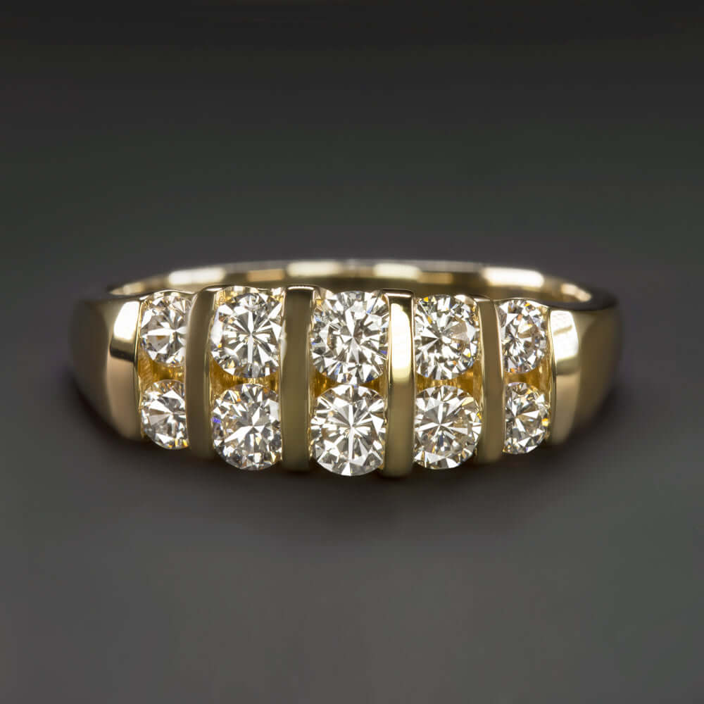 NATURAL 0.90ct DIAMOND COCKTAIL BAND 2 ROW RING ROUND CUT STACKING YELLOW  GOLD