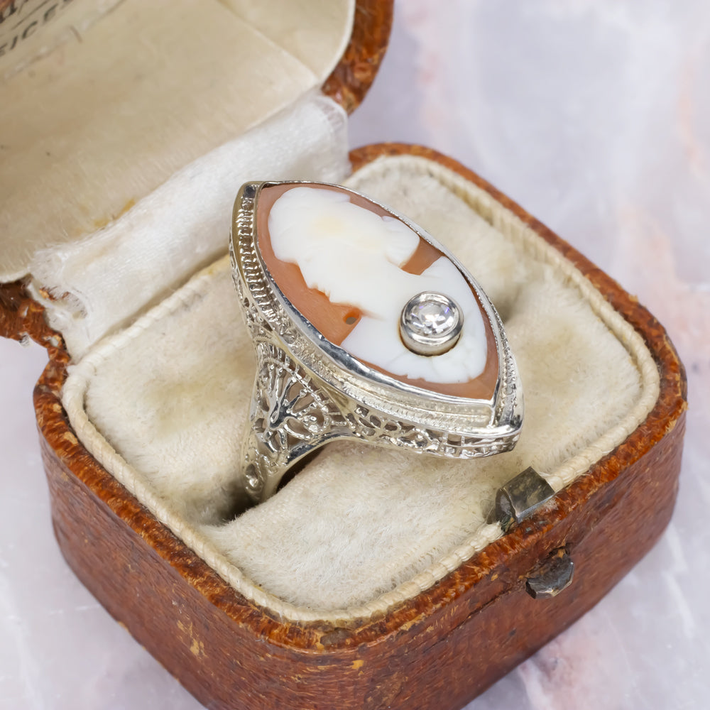 VINTAGE DIAMOND CAMEO COCKTAIL RING ART DECO FILIGREE 14k WHITE GOLD MARQUISE