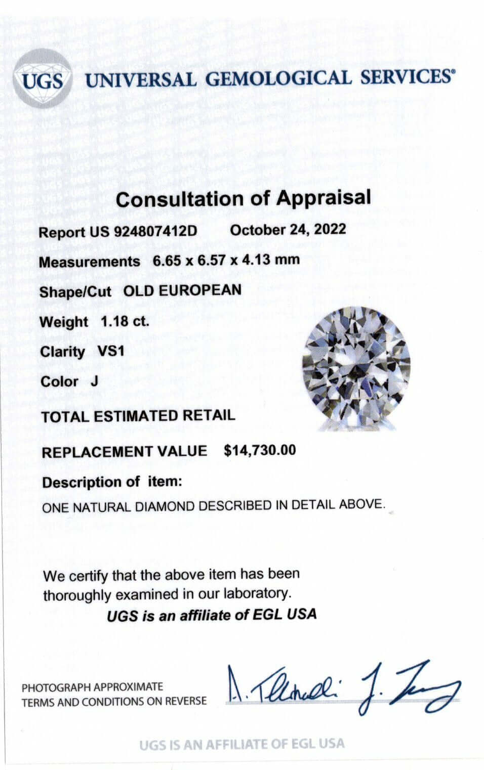 1.18ct CERTIFIED J VS1 OLD EUROPEAN CUT DIAMOND VINTAGE LOOSE NATURAL ENGAGEMENT
