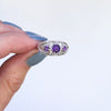AMETHYST STERLING SILVER VINTAGE STYLE RING 3 STONE ART DECO FILIGREE PURPLE