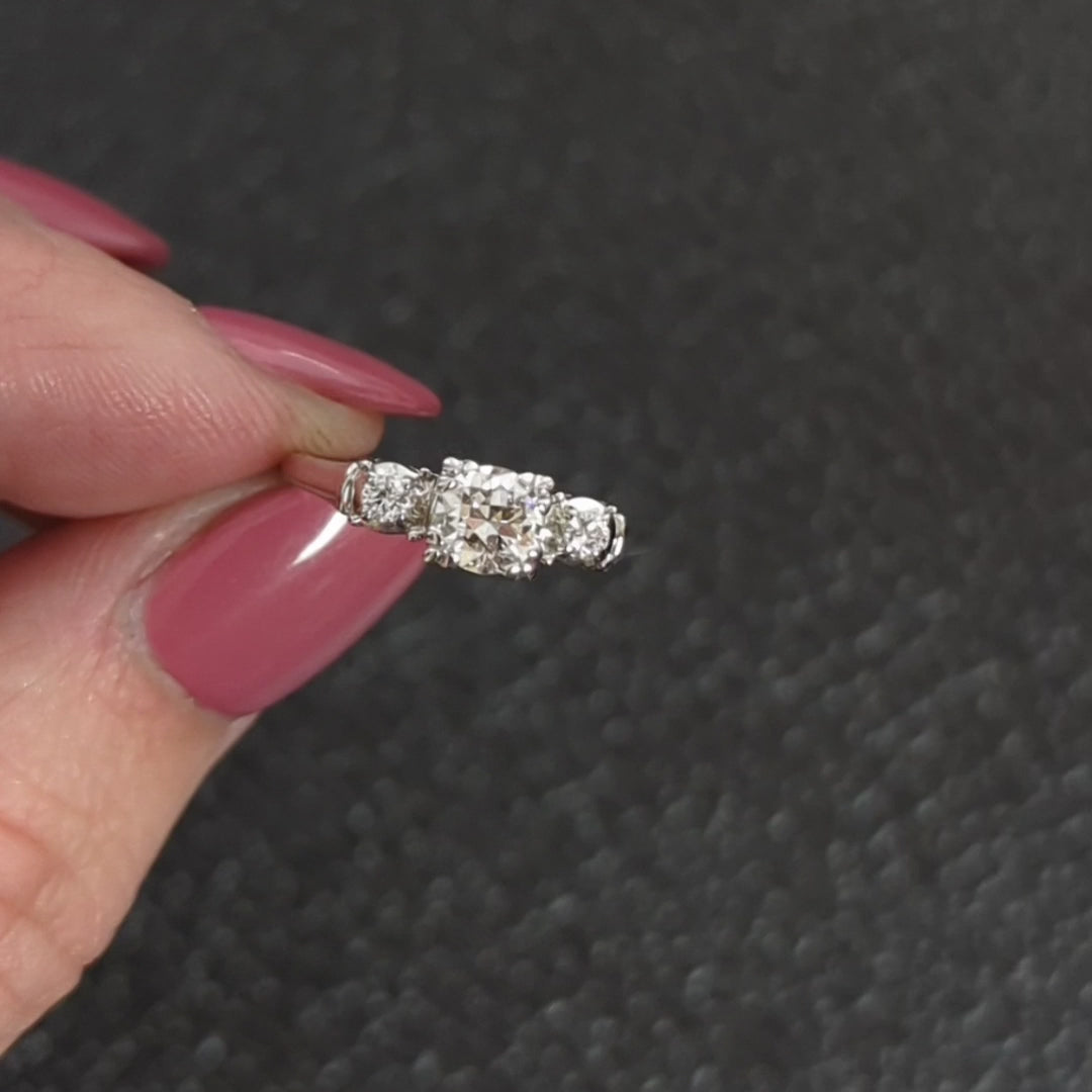 1/2 CARAT OLD EUROPEAN CUT DIAMOND PLATINUM ENGAGEMENT RING VINTAGE 3 STONE