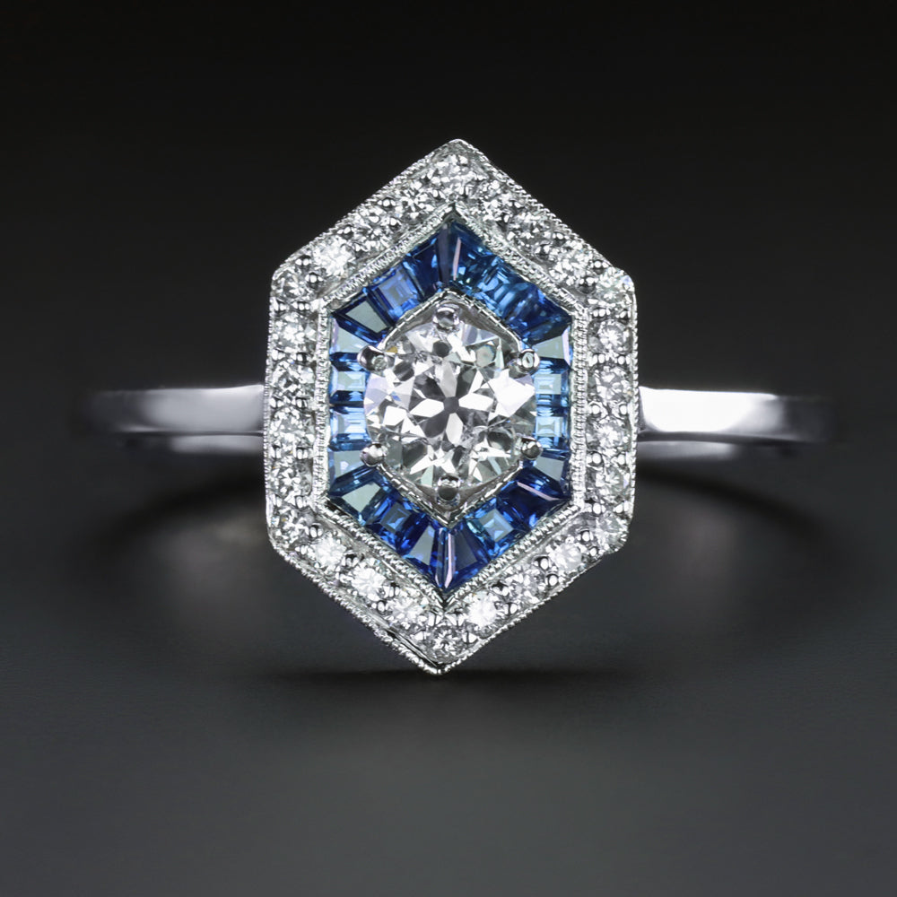 DIAMOND SAPPHIRE ART DECO STYLE COCKTAIL RING HEXAGON DOUBLE HALO