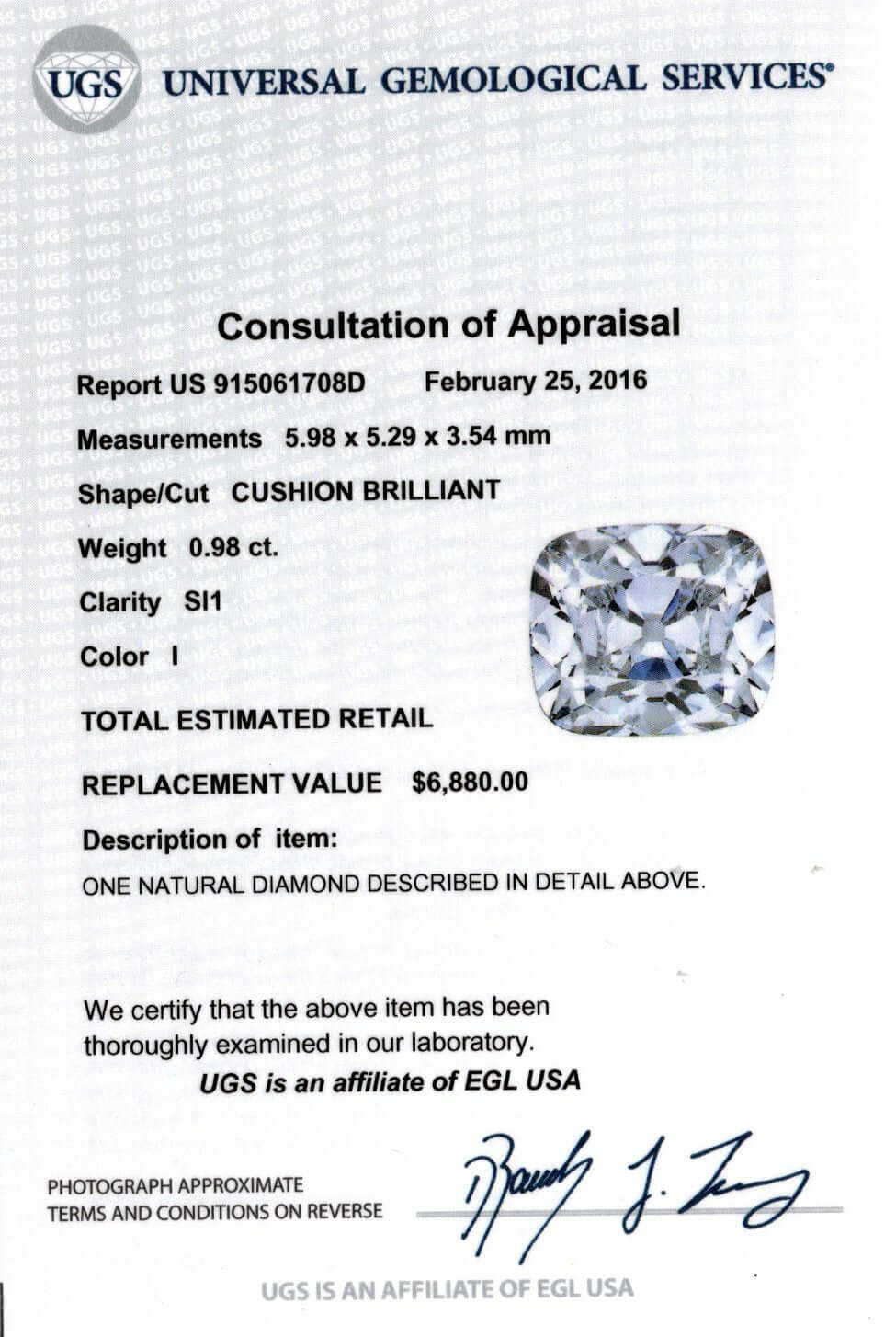1 CARAT CERTIFIED I SI1 CUSHION BRILLIANT CUT DIAMOND LOOSE NATURAL ENGAGEMENT