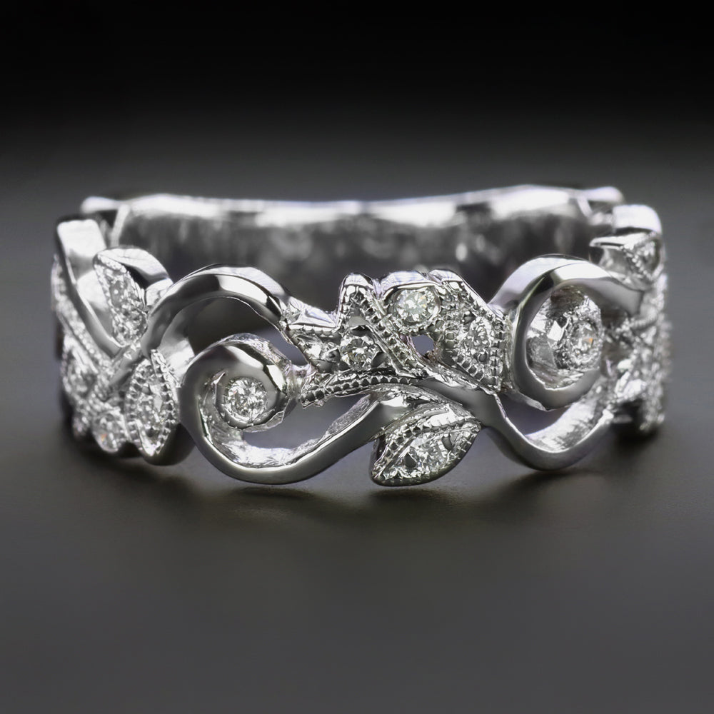 Nature Inspired Diamond Wedding Band White Gold Vintage Floral