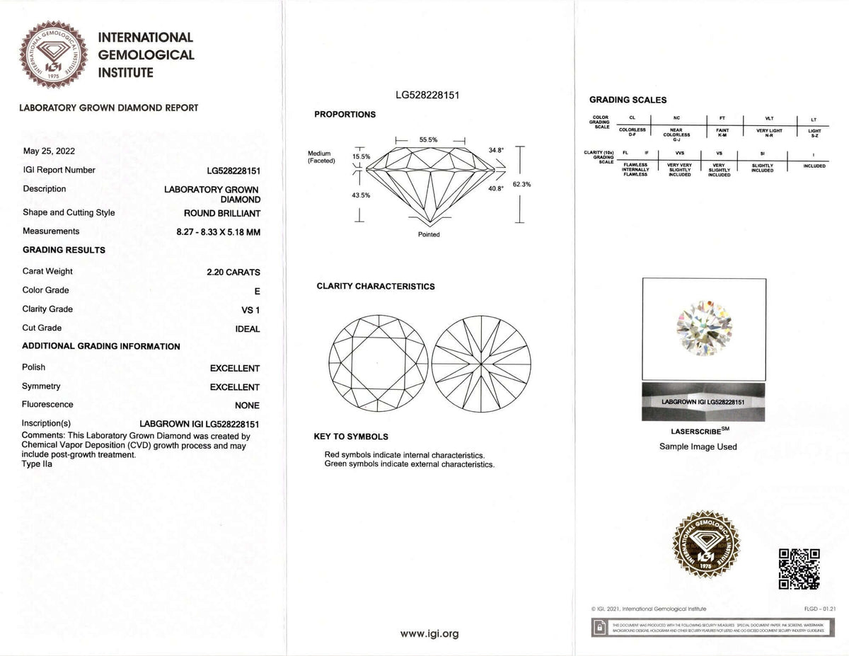 2.20ct LAB CREATED DIAMOND CERTIFIED E VS 3X EXCELLENT CUT ROUND BRILLIANT LOOSE
