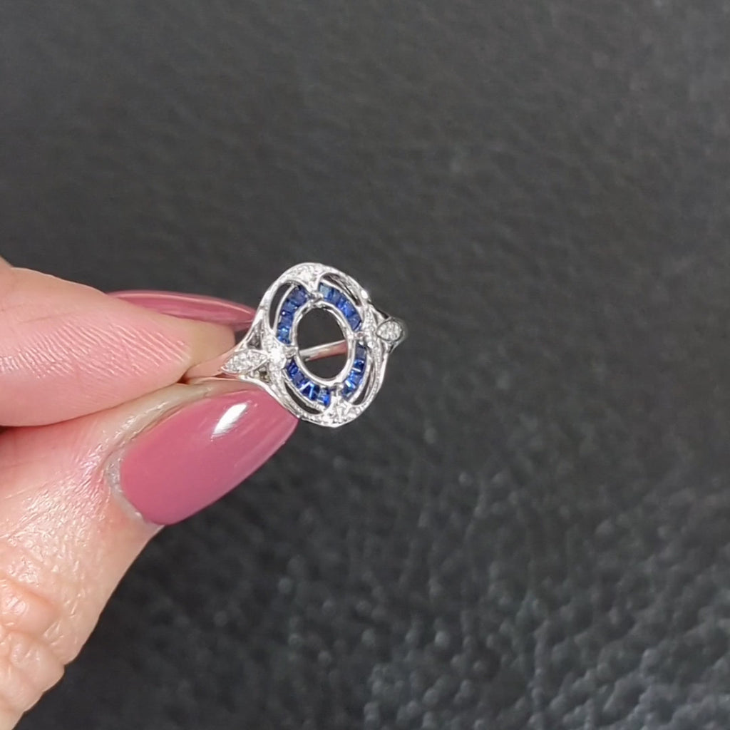 SAPPHIRE DIAMOND OVAL ENGAGEMENT RING SETTING VINTAGE STYLE HALO TARGET MOUNT