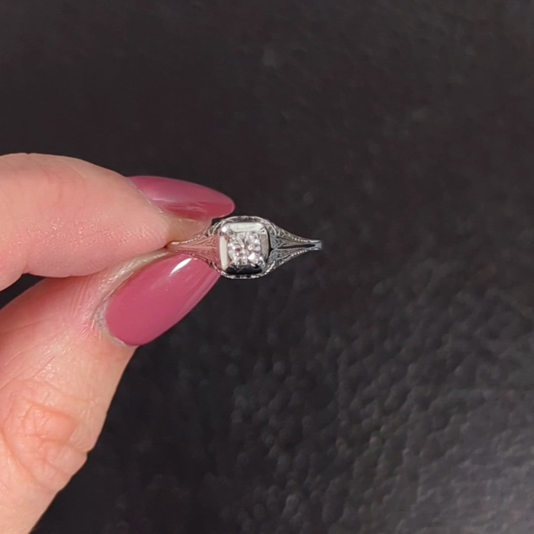 OLD EUROPEAN CUT DIAMOND VINTAGE SOLITAIRE RING 18k ENGAGEMENT ART DECO FILIGREE