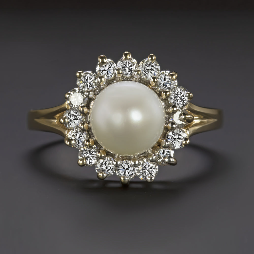 PEARL DIAMOND HALO COCKTAIL RING 14k YELLOW GOLD NATURAL CLASSIC VERY GOOD ROUND