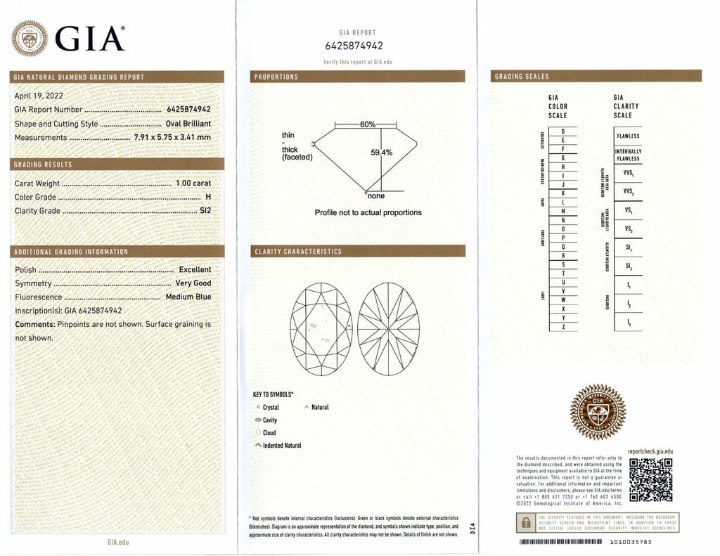 1ct GIA CERTIFIED H SI2 OVAL CUT DIAMOND COLORLESS CLEAN LOOSE NATURAL 1 CARAT