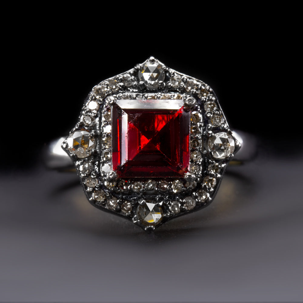 GARNET DIAMOND COCKTAIL RING NATURAL RED ASSCHER CUT SQUARE VINTAGE STYLE ROSE