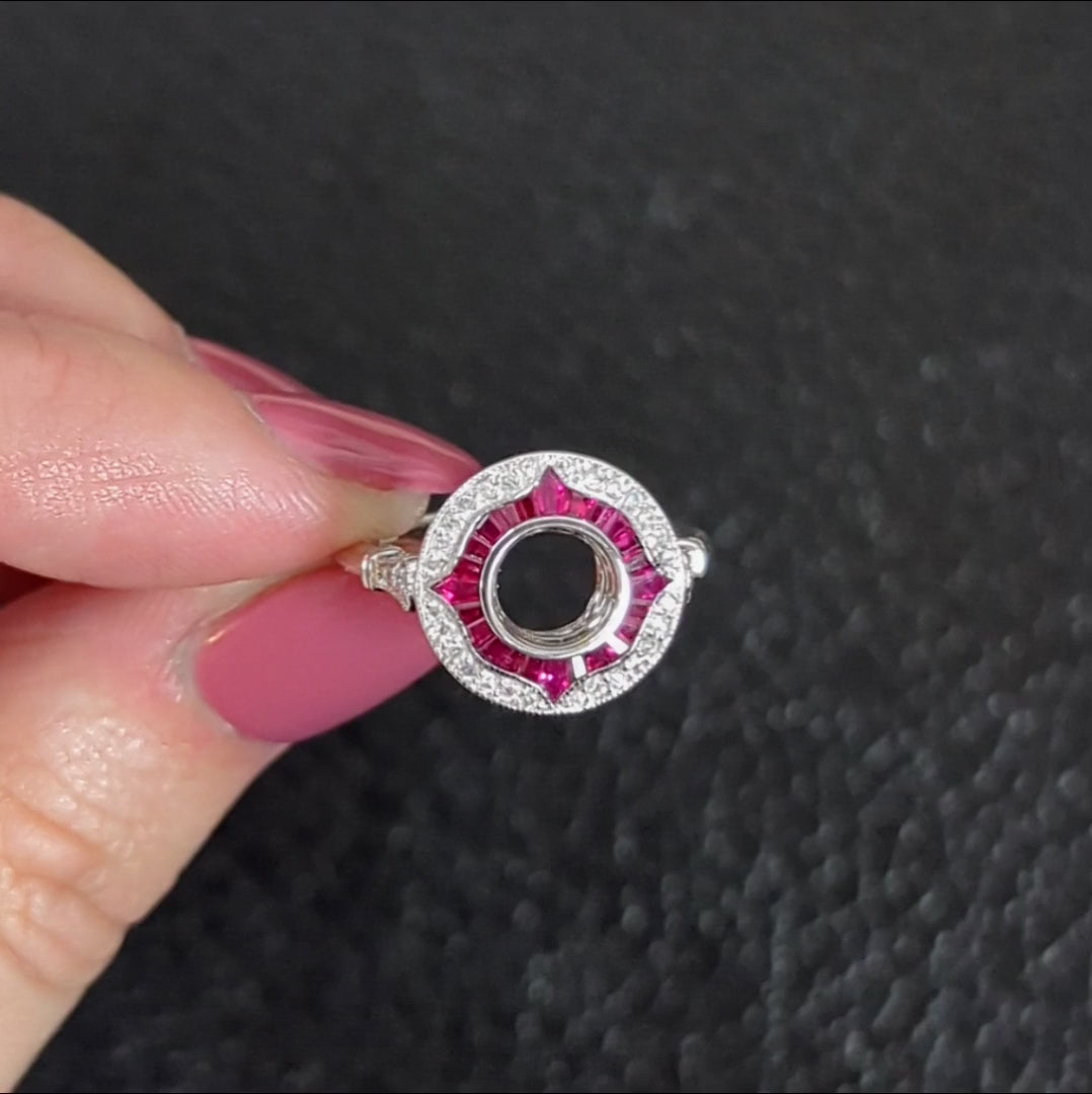 RUBY DIAMOND 6.5mm ROUND ENGAGEMENT RING SETTING VINTAGE STYLE HALO TARGET RED