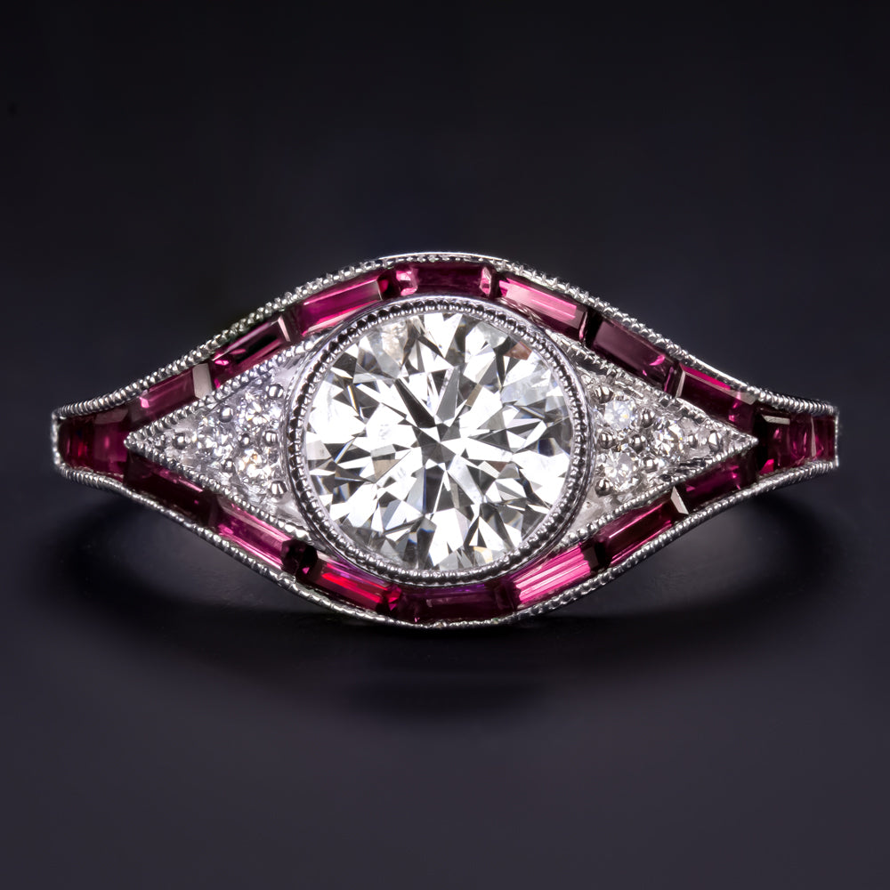 F-G SI DIAMOND RUBY VINTAGE STYLE ENGAGEMENT RING ART DECO
