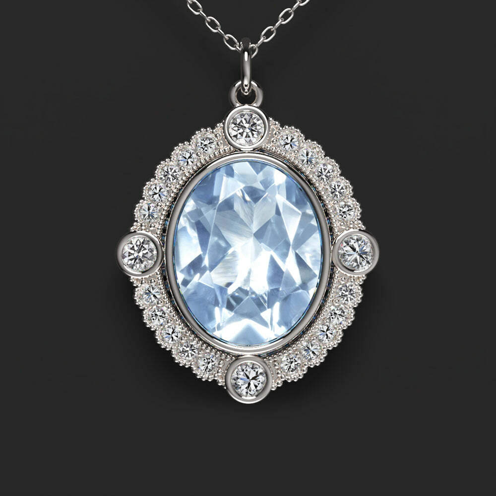 AQUAMARINE DIAMOND PENDANT VINTAGE STYLE SCALLOPED HALO 14k WHITE