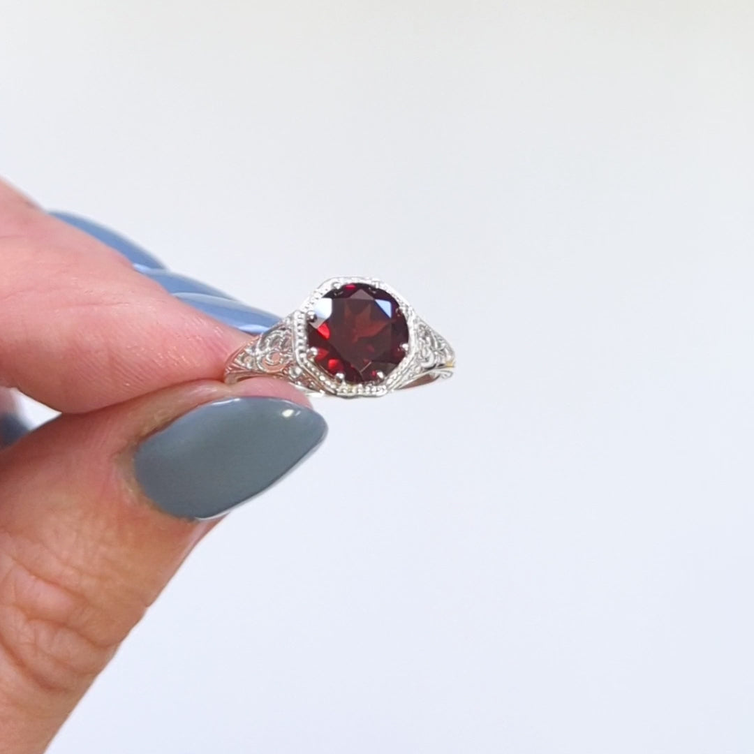 RHODOLITE GARNET STERLING SILVER VINTAGE STYLE SOLITAIRE RING ART DECO FILIGREE