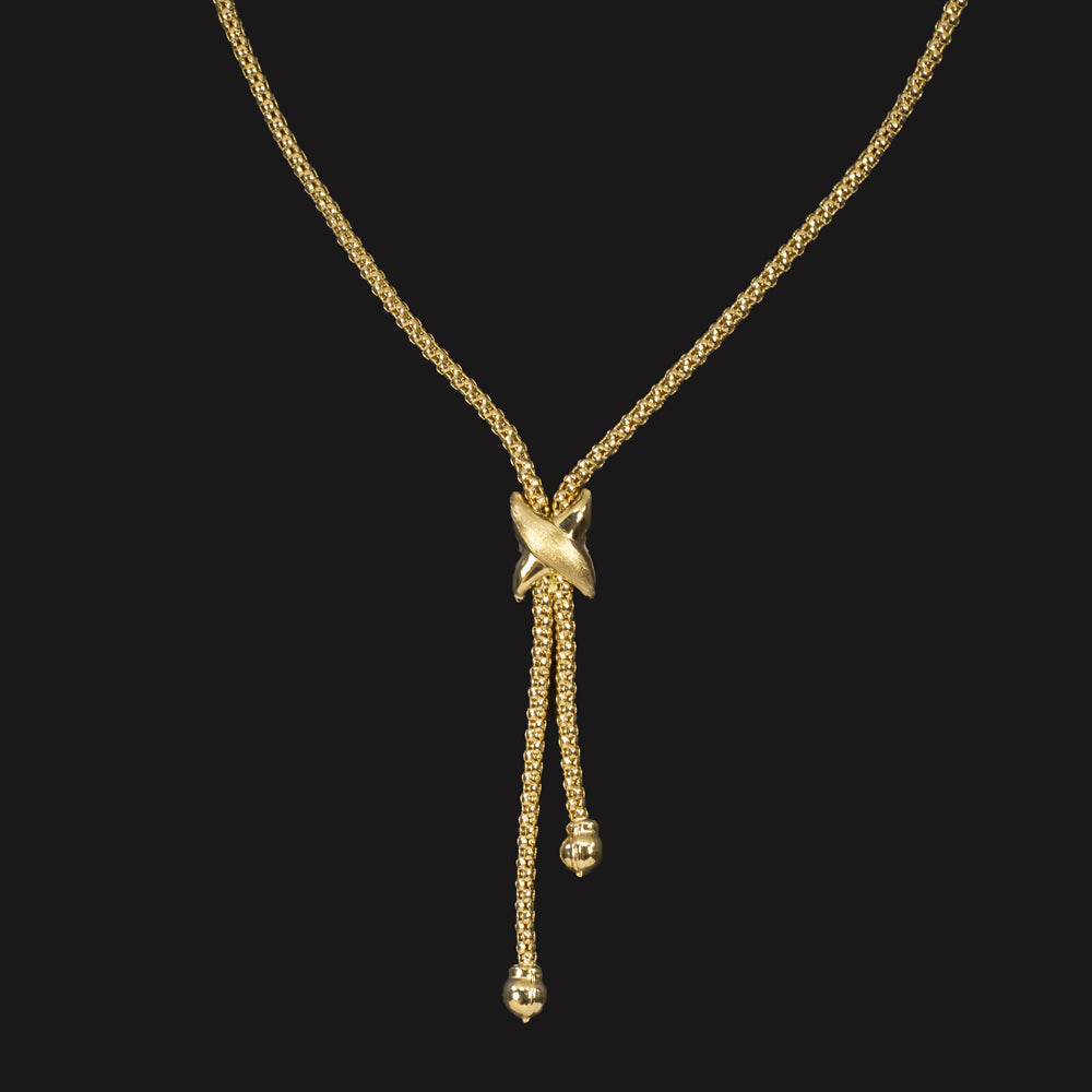 SOLID 18k YELLOW GOLD LARIAT NECKLACE ROUND MESH CHAIN CLASSIC