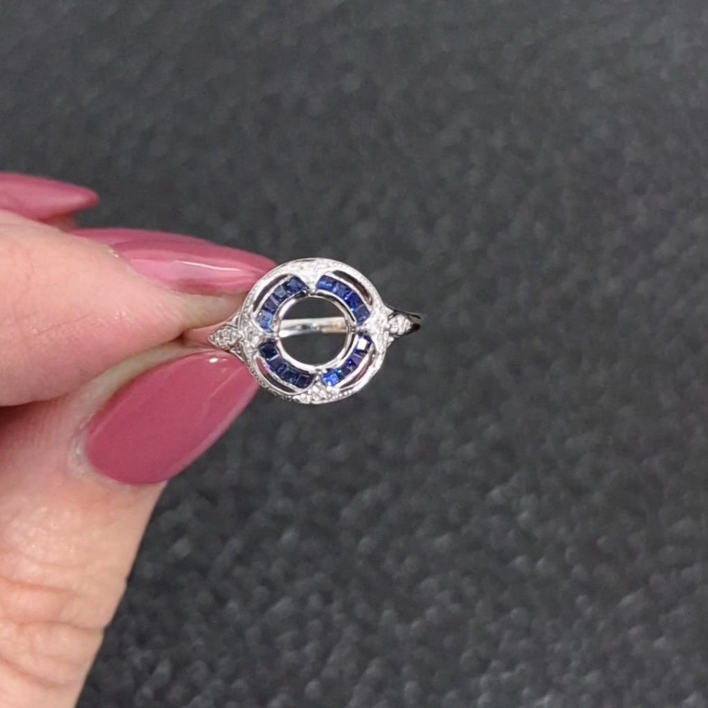 SAPPHIRE DIAMOND 6mm ROUND ENGAGEMENT RING SETTING VINTAGE STYLE HALO TARGET