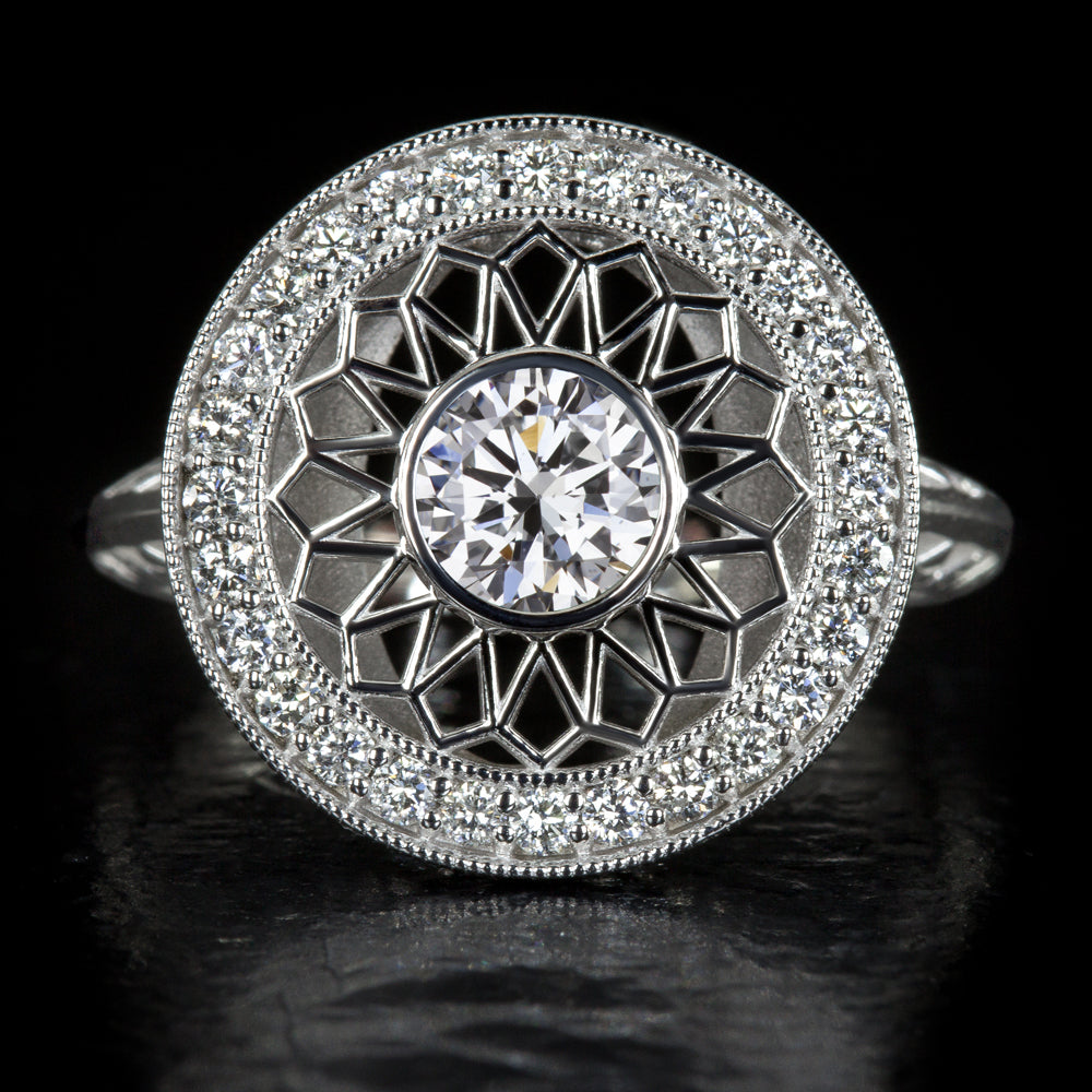VINTAGE STYLE LAB CREATED DIAMOND COCKTAIL RING FILIGREE HALO ROUND ...