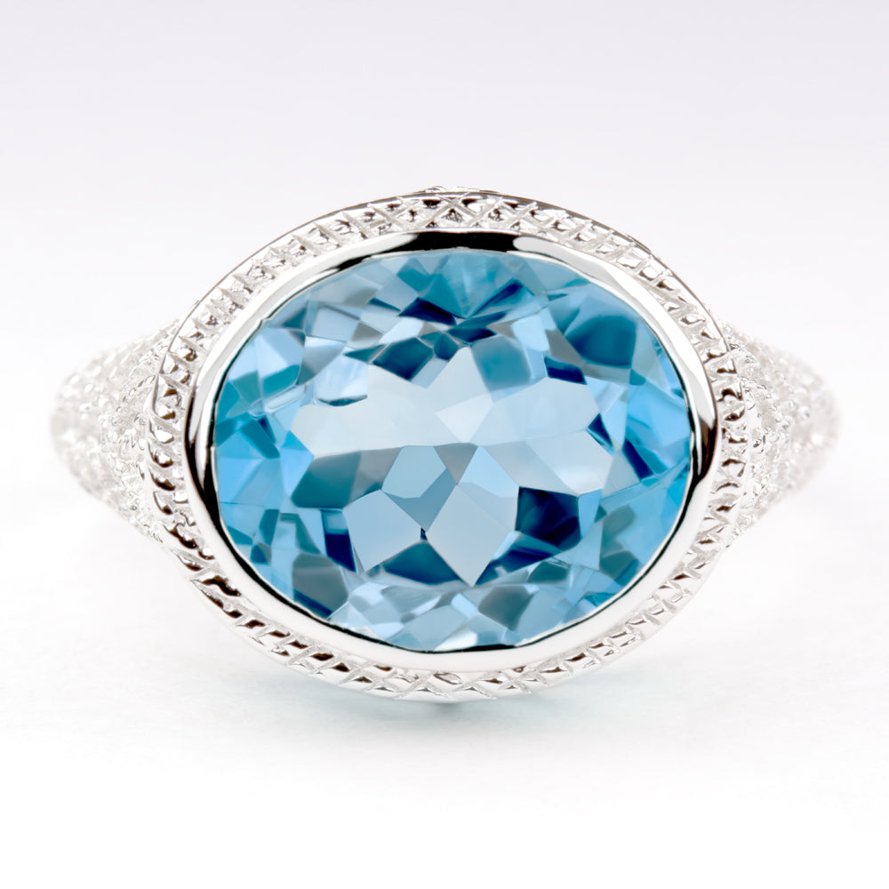 LONDON BLUE TOPAZ STERLING SILVER RING VINTAGE STYLE EAST WEST