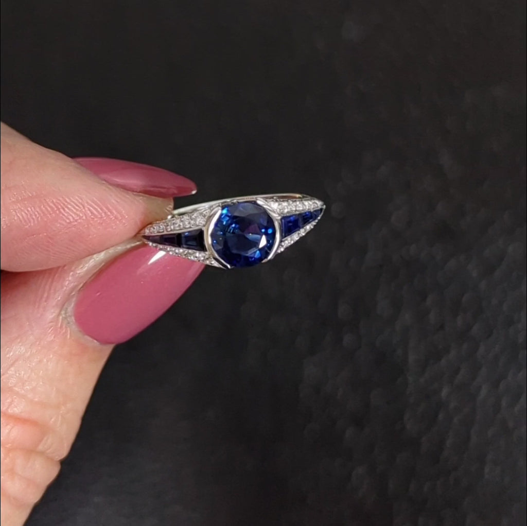 1.25ct SAPPHIRE DIAMOND VINTAGE STYLE COCKTAIL RING ART DECO 14k WHITE GOLD BLUE