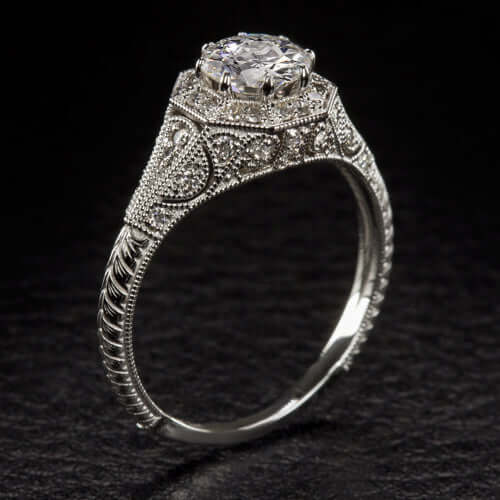 1 CARAT LAB CREATED DIAMOND ENGAGEMENT RING VINTAGE STYLE HALO IDEAL ROUND CUT