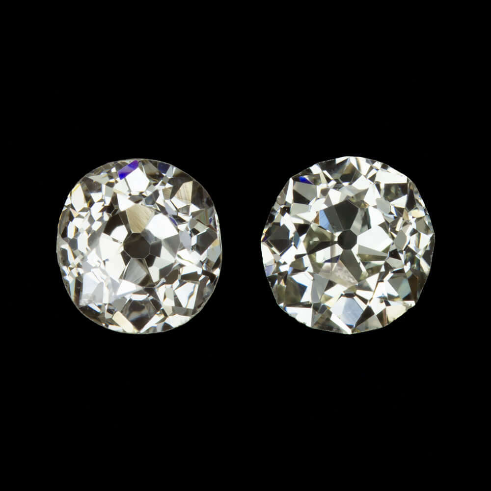0.75ct OLD MINE CUT DIAMOND STUD EARRINGS PAIR ANTIQUE CUSHION ACCENT STONES