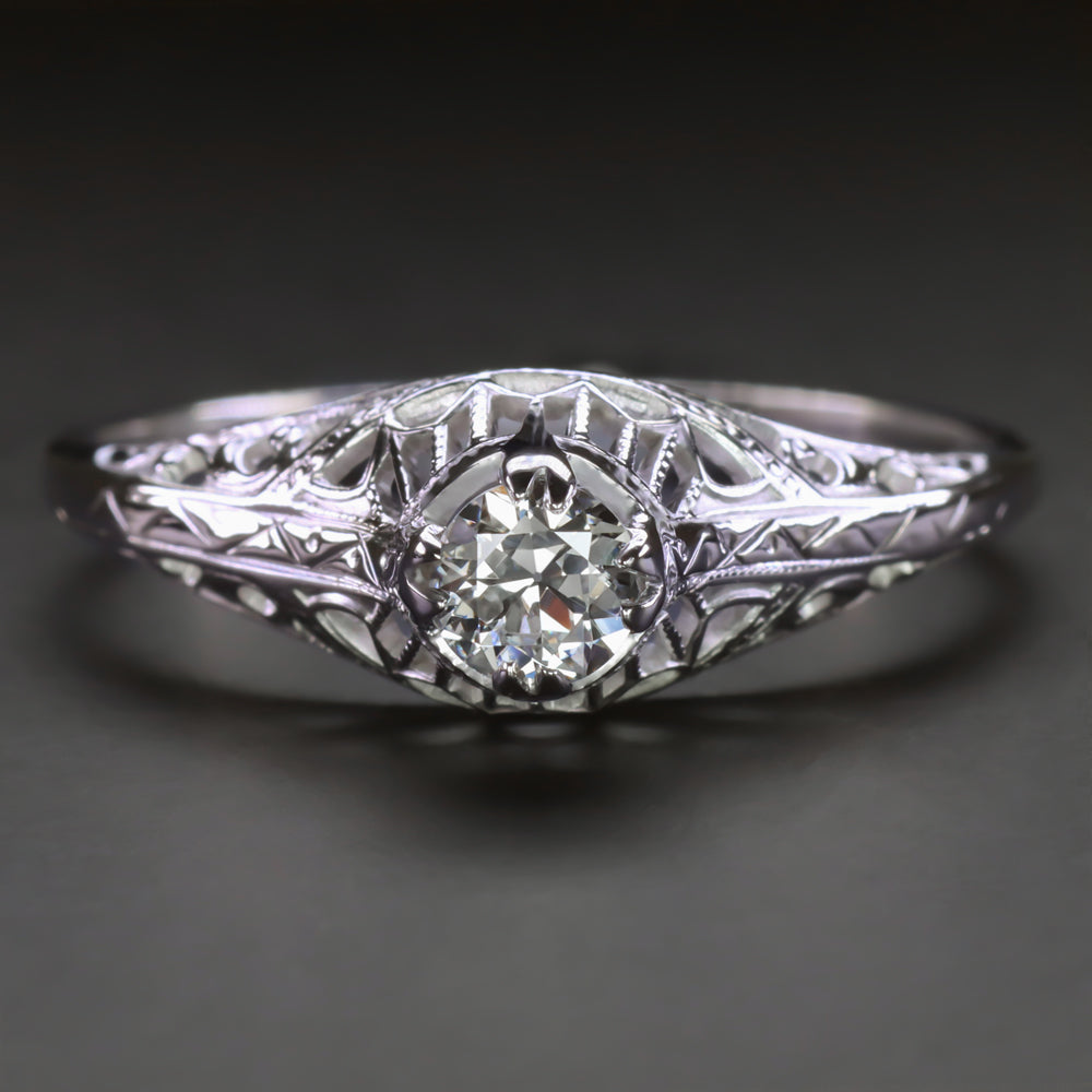 ART DECO DIAMOND RING OLD EUROPEAN CUT 1/3ct VINTAGE FILIGREE 14k