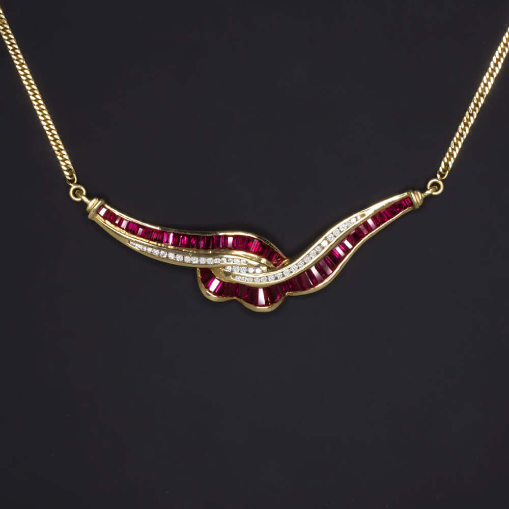 2.5ct NATURAL RUBY DIAMOND 18k NECKLACE YELLOW GOLD CALIBRE CUT PENDANT RUFFLE