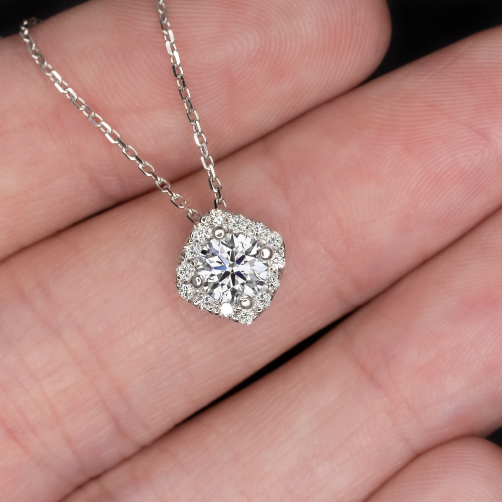 LAB CREATED DIAMOND PENDANT EXCELLENT IDEAL ROUND CUT CUSHION HALO NECKLACE 14k