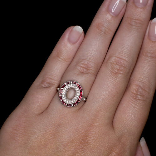 NATURAL RUBY DIAMOND OVAL ENGAGEMENT RING VINTAGE DOUBLE HALO SETTING SEMI-MOUNT Ivy & Rose