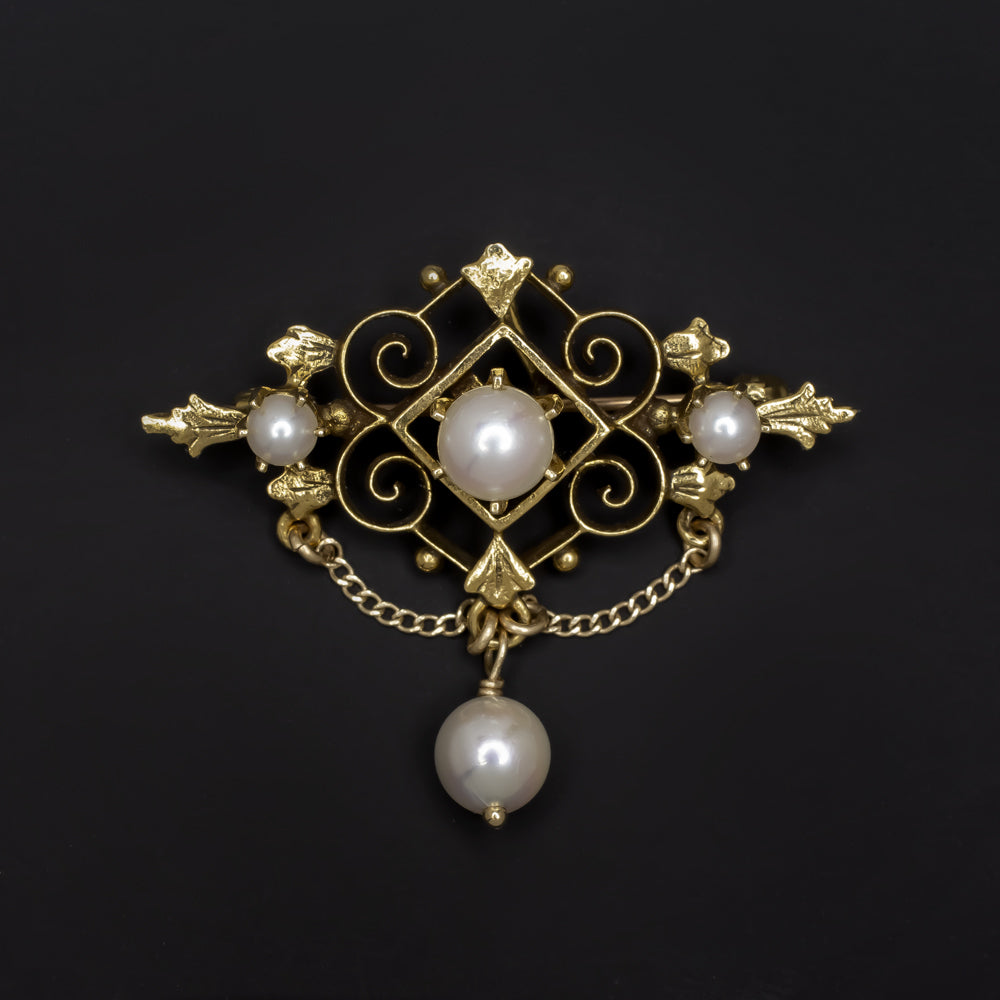 VINTAGE PEARL 14k YELLOW GOLD PENDANT PIN BROOCH NECKLACE ESTATE CHAIN LEAF
