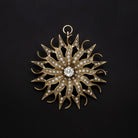 VICTORIAN DIAMOND PEARL STARBURST PENDANT PIN OLD EUROPEAN CUT SUN 14K NECKLACE