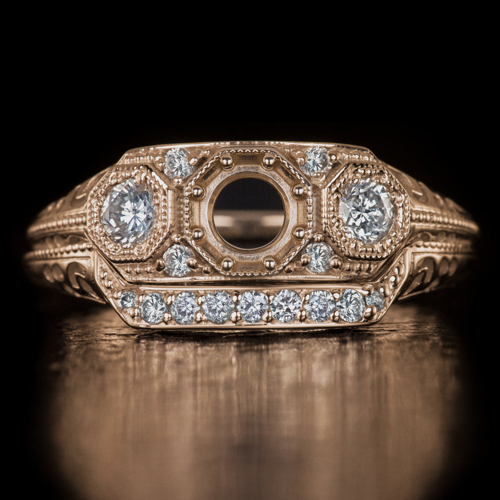 Vintage Diamond Art Deco Engagement Ring Style - Art Deco Filigree 3 Stone Diamond Ring in 14 Karat Rose ( Pink ) Gold