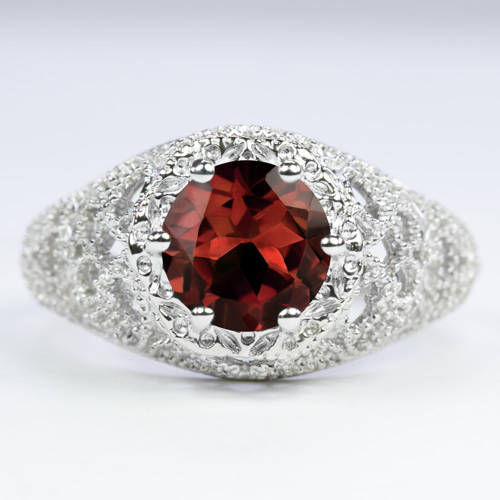 GARNET STERLING SILVER RING VINTAGE STYLE FILIGREE ROUND CUT ART