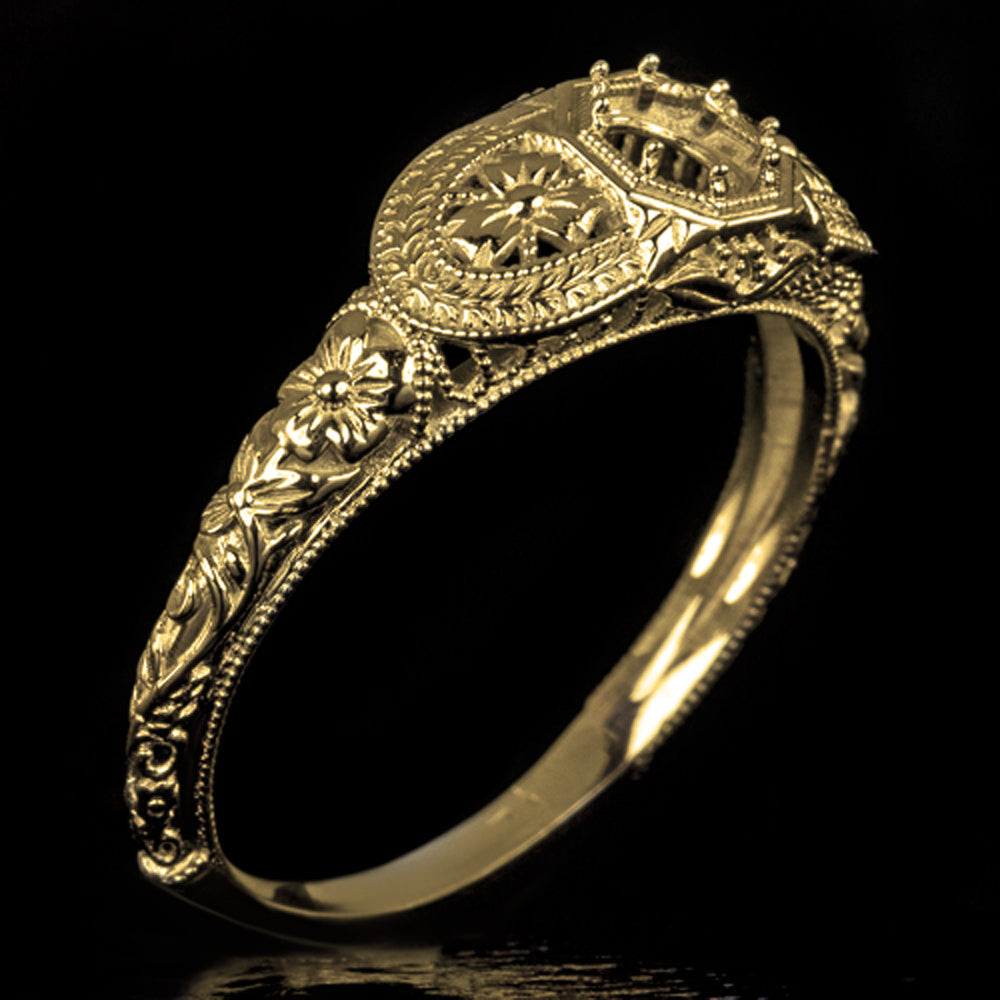 VINTAGE STYLE RING SETTING 14k YELLOW GOLD ART DECO FLORAL FILIGREE ...